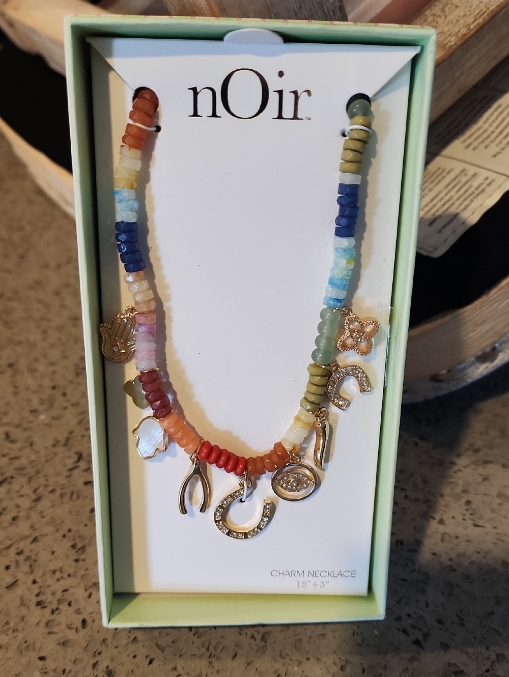 nOir Jewelry Rainbow Beaded Charm Necklace with Gold Accents